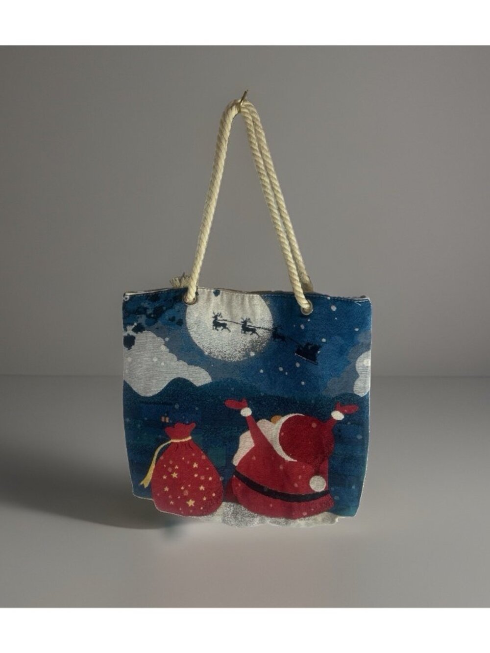 Holiday Santa Claus Reindeer Canvas Tote Gift Bag Rope Handles Zip Close Lined